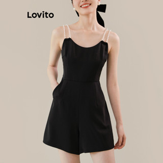 Lovito 女式優雅素色珍珠百褶連身褲 L83EN222
