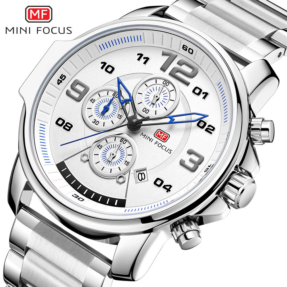 MINI FOCUS時尚商務石英男表 多功能計時機芯 日曆防水 鋼錶帶男士手錶腕錶0229G-M158