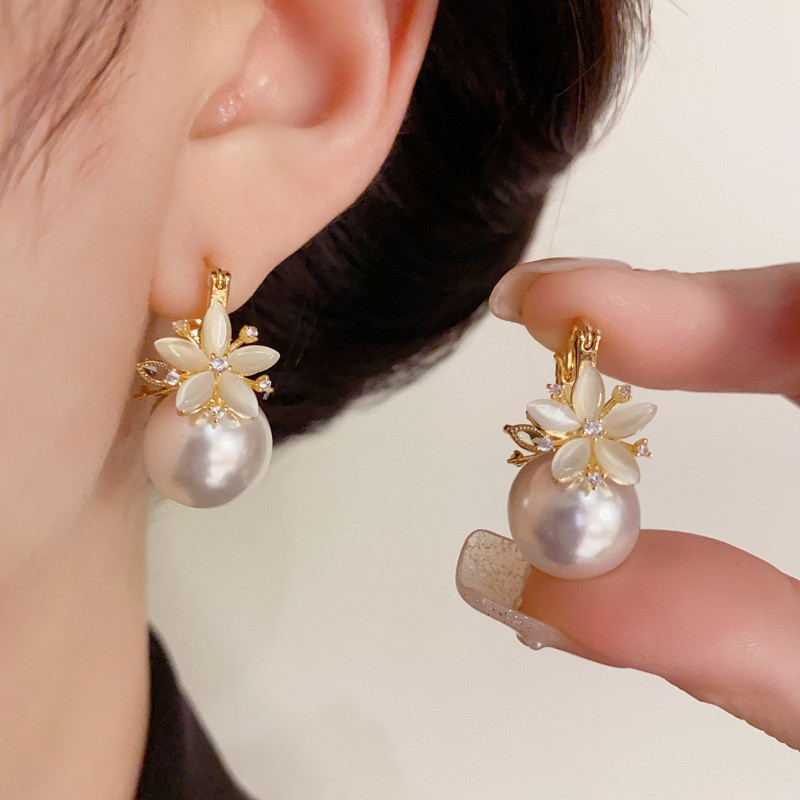 設計感鋯石雙面花朵珍珠時尚氣質耳環
