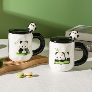 可愛熊貓馬克杯高顏值女生陶瓷喝水杯帶蓋勺辦公室牛奶咖啡杯家用