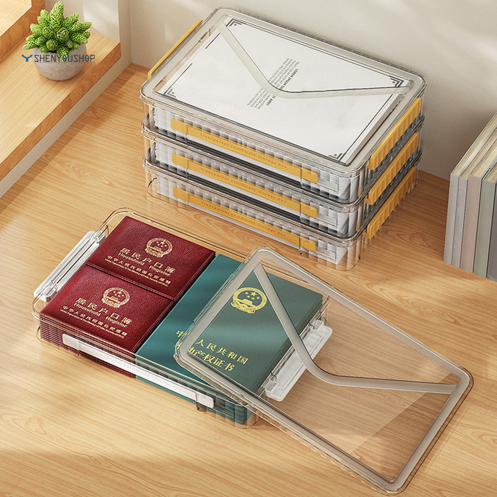 SHENYOU 家用PET透明證件收納盒簡約塑膠桌面收納盒帶提手邊扣抽屜收納盒