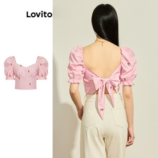 Lovito 可愛小碎花女式後抽繩蝴蝶結圖案襯衫 L73AD077
