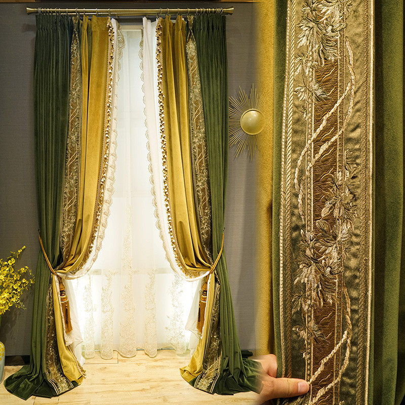 【客製化】【窗簾】輕奢窗簾 墨綠色 高檔 別墅絲絨布 現代簡約 素色 新款 客廳臥室 繡花美式