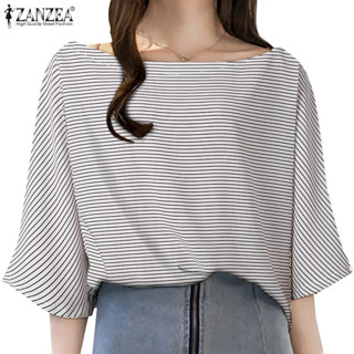 Zanzea 女式韓版休閒條紋船領三分袖襯衫