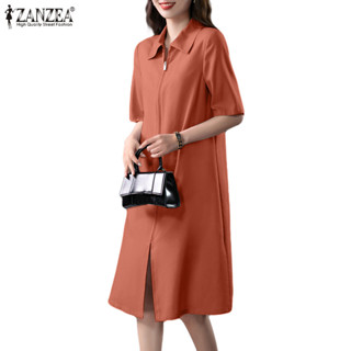 Zanzea 女式韓版休閒翻領半袖拉鍊寬鬆連衣裙