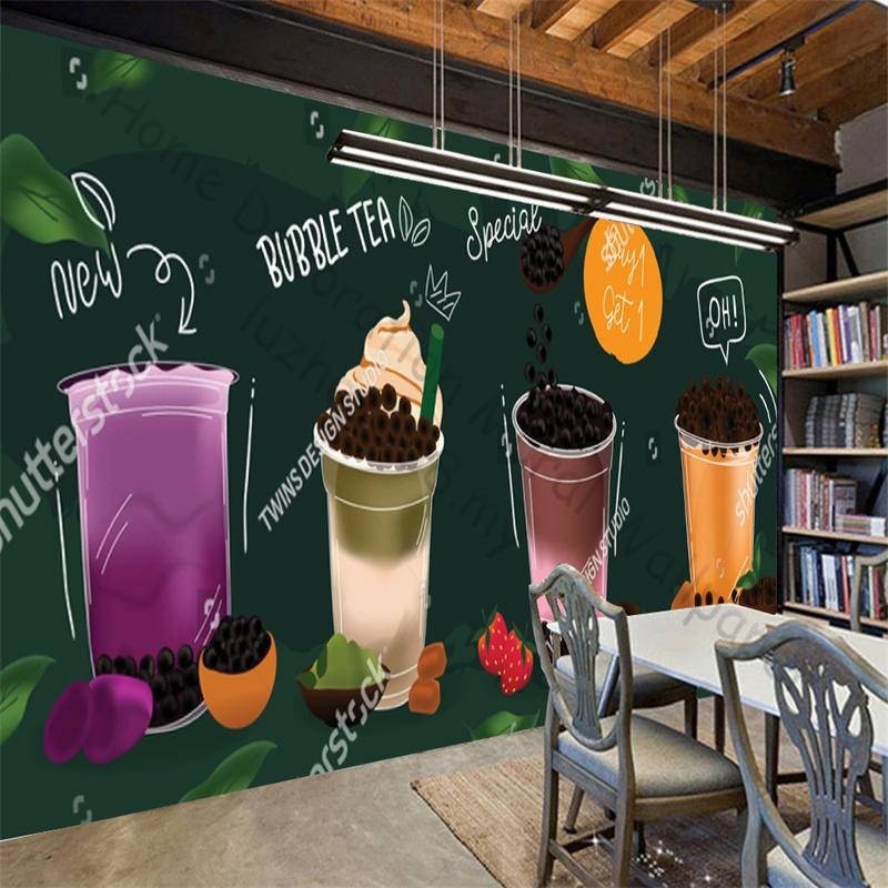 定制3d泡泡奶茶波霸茶壁紙壁畫奶昔餐廳咖啡汁自粘壁畫貼紙