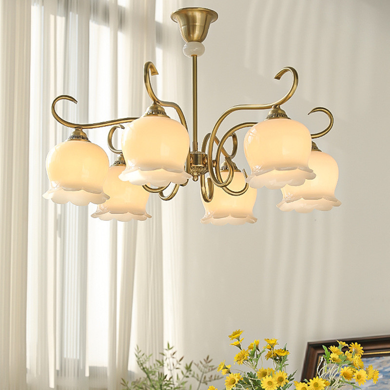 中古法式奶油風鈴蘭花朵吊燈客廳餐廳主臥室燈具輕奢美式黃銅復古