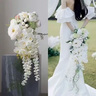 🎇新款特賣🎇手捧花蝴蝶蘭文竹新娘婚禮拍照水滴手捧花影樓攝影瀑佈型假花花束
