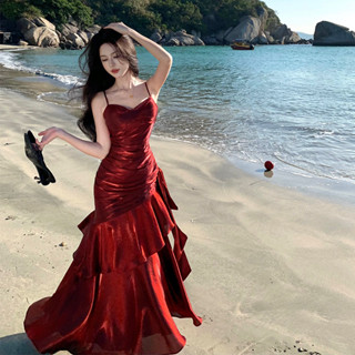 【桃喜Rich現貨】高階感洋裝 輕奢長裙 性感洋裝 人魚姬紅色禮服 荷葉邊高階紅色連衣裙 成人禮宴會禮服含胸墊