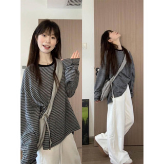 慵懶條紋圓領長袖T恤女秋季2025新款韓系復古寬鬆休閒打底衫上衣