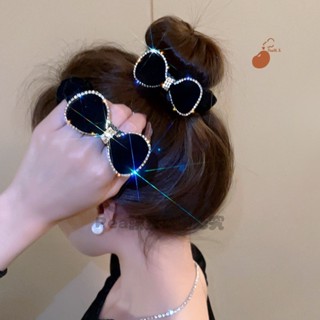 Pea豌豆~免運⚡絲絨黑色蝴蝶結小腸髮圈女韓版時尚帶鑽髮繩複古氣質馬尾頭繩頭飾✨