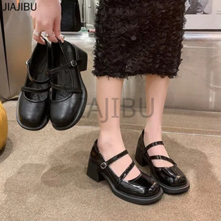 韓時尚止滑漆皮厚底瑪莉珍鞋女鞋英倫學院風休閒圓頭粗跟小皮鞋黑色高跟校鞋復古日系雙搭扣Lolita娃娃鞋cosplay鞋