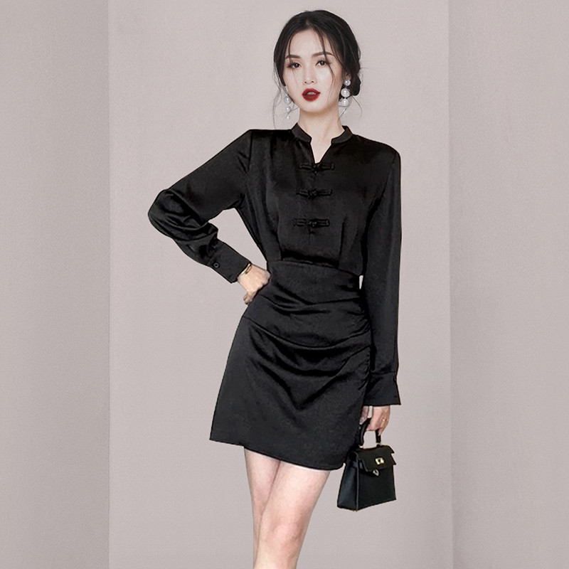 2024新中式漢服盤扣小V領收腰顯瘦氣質緊身洋裝 洋裝 連身裙 禮服 韓版洋裝