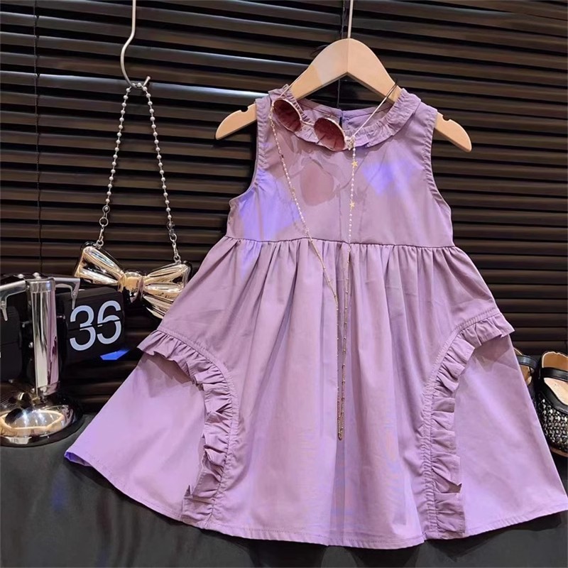 [哆蕾咪] 現貨 夏季新款洋氣紫色花邊洋裝 韓版女童甜美素色氣質洋裝 女童背心裙 女童洋裝夏天 女童洋裝 女童洋裝