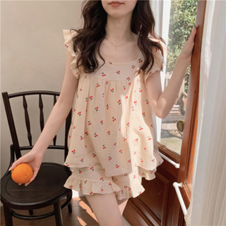 家居服睡衣 女生睡衣 夏天吊帶睡衣套裝 背心短褲 小櫻桃睡衣 泡泡棉ins風兩件套 家居睡衣 A0149