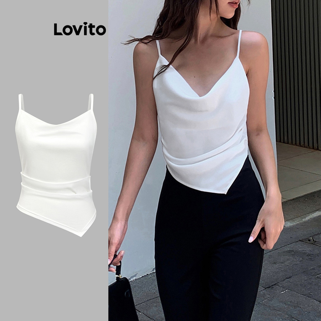 Lovito 女用性感素色不對稱褶飾背心 L86ED165