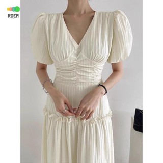 ROVE[輕奢高級]韓國chic夏季溫柔氣質V領紋理感褶皺設計收腰顯瘦泡泡袖洋裝洋裝女現貨實拍