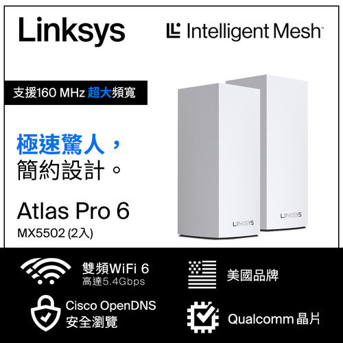 Linksys Atlas 6 Pro AX5400雙頻 MX5500 WiFi6網狀路由器(二入)原價7990(現省4