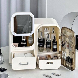 化妝品收納盒案頭帶鏡子一體櫃高級感梳粧檯護膚品香水口紅置物架