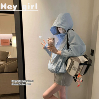 【Hey girl】寬鬆薄款防曬外套 抽繩連帽衝鋒衣 夏季新款長袖拉鍊戶外運動上衣女