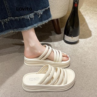 Lovito 休閒素色夏季外穿一字帶羅馬裹厚底外學生平底涼鞋女 LFA59304