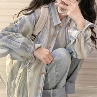 夏季薄款條紋襯衫防曬外套春夏新款複古法式上衣女設計感小眾襯衫 女襯衫 長袖襯衫 女生襯衫 襯衫外套 條紋襯衫