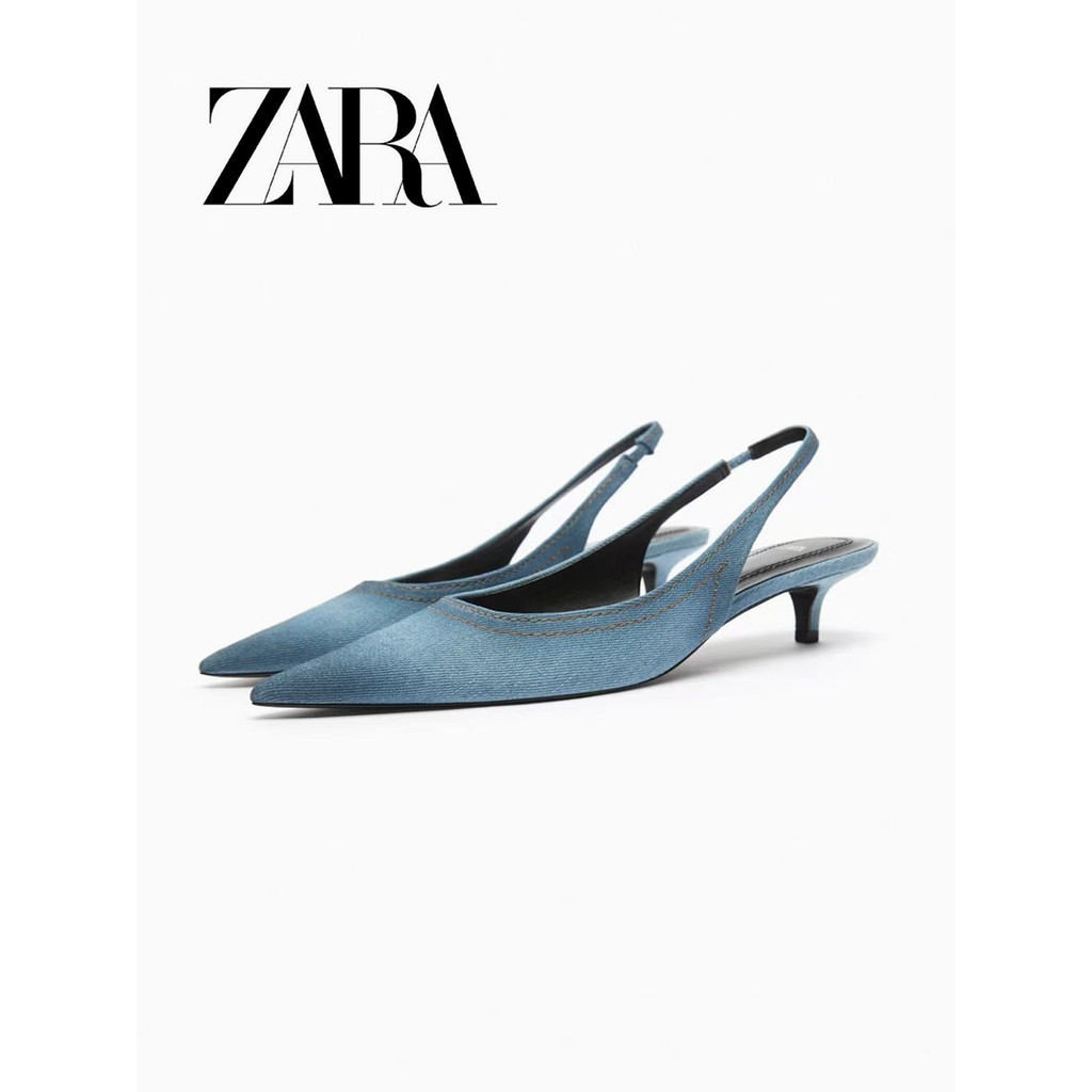 ZARA 牛仔材質高跟鞋女貓跟尖頭淺口包頭涼鞋