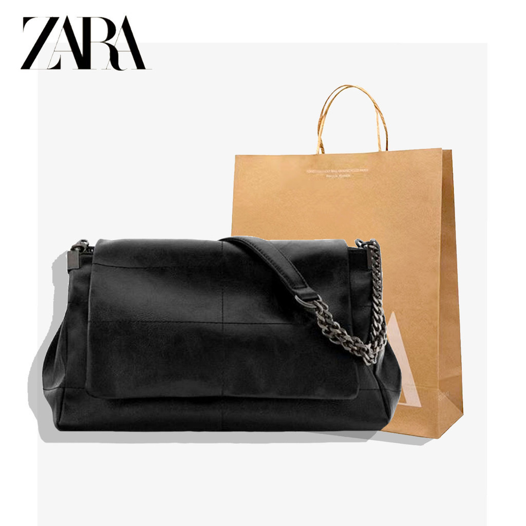 Zara手提包新款黑色搖滾風格翻蓋流浪包大容量通勤包