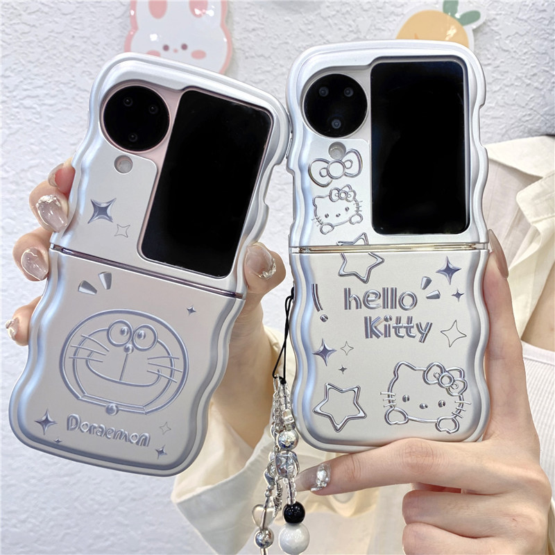 哆啦夢 Oppo Find N2 Flip N3 翻蓋保護殼可愛卡通 Hello Kitty 哆啦A夢銀色彩繪光滑手機保