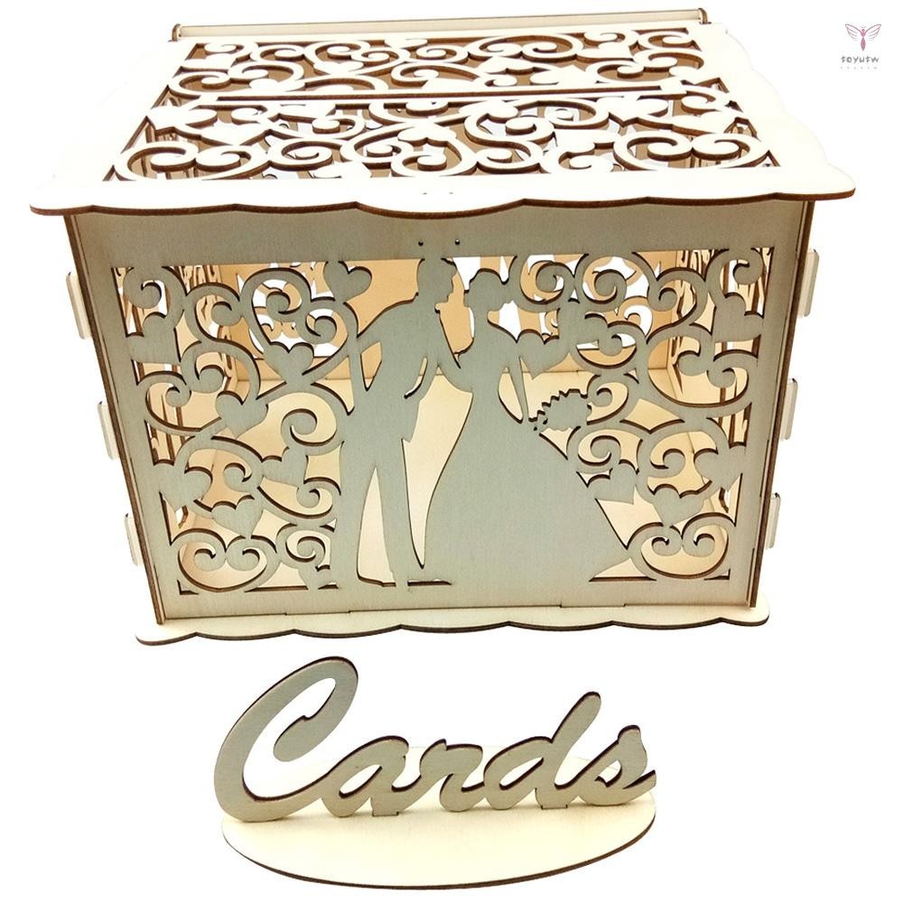 Uurig)木製結婚信封禮品卡盒鏤空花卉圖案邀請卡diy盒婚禮用品
