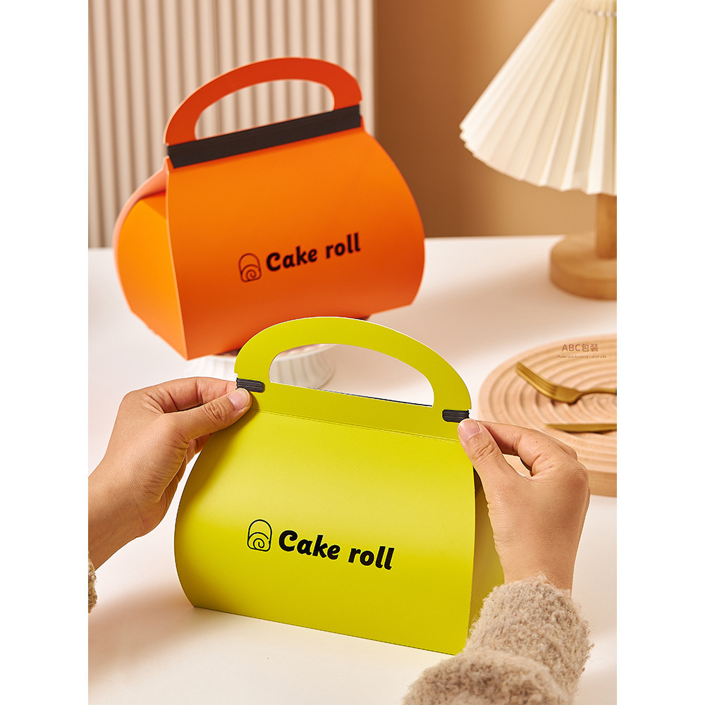 2024網紅蛋糕卷手提包裝盒 慕斯切塊蛋糕 綠色 橙色 女王卷 西點打包盒