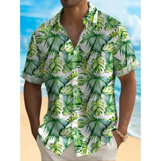 男士時尚夏季3d植物花卉印花上衣寬鬆夏威夷休閒短袖襯衫