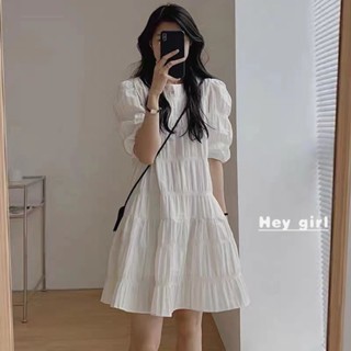 【Hey girl】白色洋裝 泡泡袖法式洋裝 夏季小個子顯瘦短裙