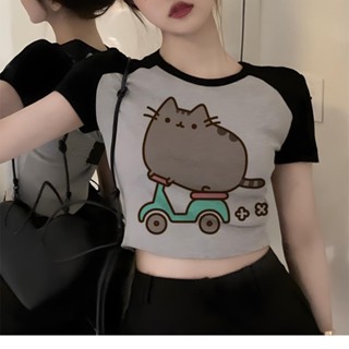 P Cat 2000s yk2 復古露臍上衣女士街頭服飾漫畫 yk2 T 恤