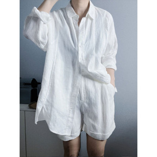 法式白色翻領苧麻棉麻防晒襯衫女夏季薄款款襯衫亞麻上衣
