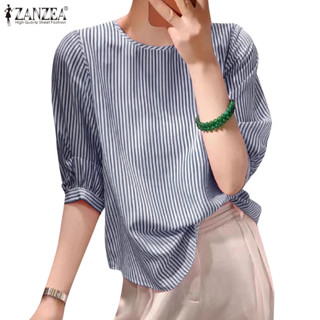 Zanzea 女式韓版休閒圓領條紋印花寬鬆半袖襯衫