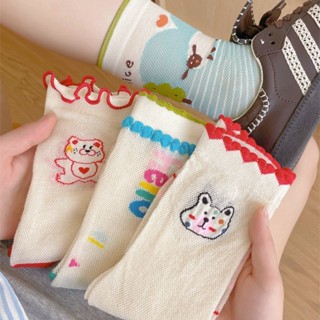 柳惠珠襪子 夏天薄款卡通小熊網眼襪子女韓國ins風甜美可愛透氣玻璃絲中筒襪