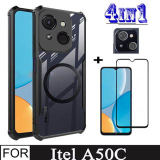 Itel A50 A70 4 合 1 鋼化玻璃螢幕保護膜 + 帶磁性無線充電貼紙的 Itel A50C 防震手機殼