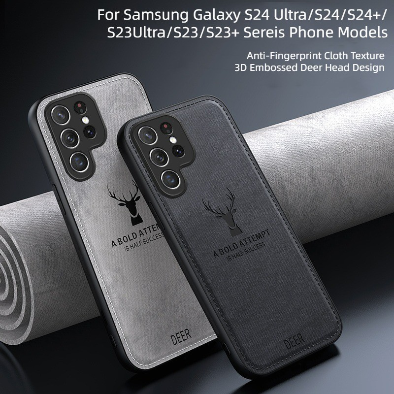SAMSUNG 鹿頭布紋皮革 PC 硬殼適用於三星 Galaxy S24 Ultra S24 S23 S21 S20 F