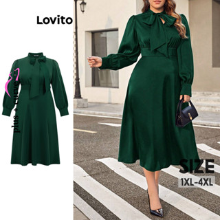 Lovito 大尺碼優雅素色抽繩女式洋裝 LBL20376