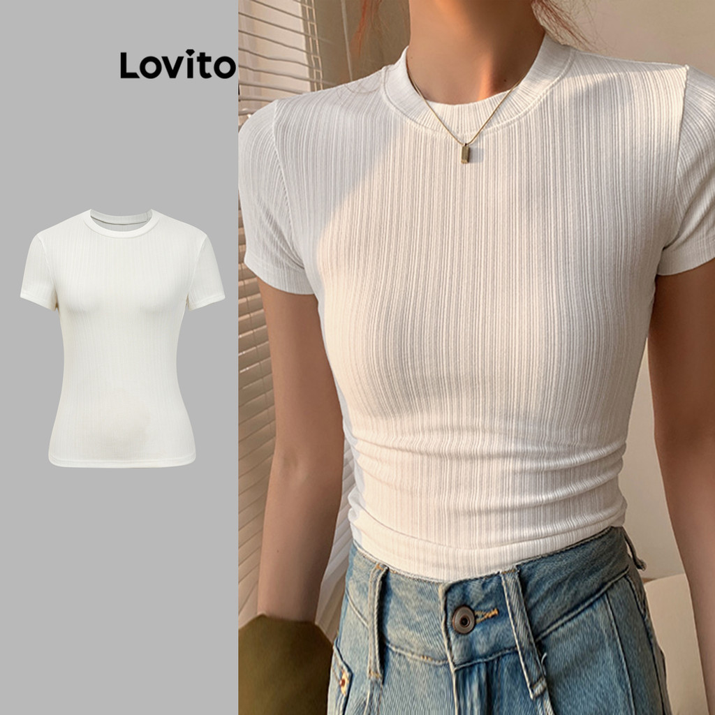 Lovito 女士優雅素色褶襉 T 恤 L86ED120