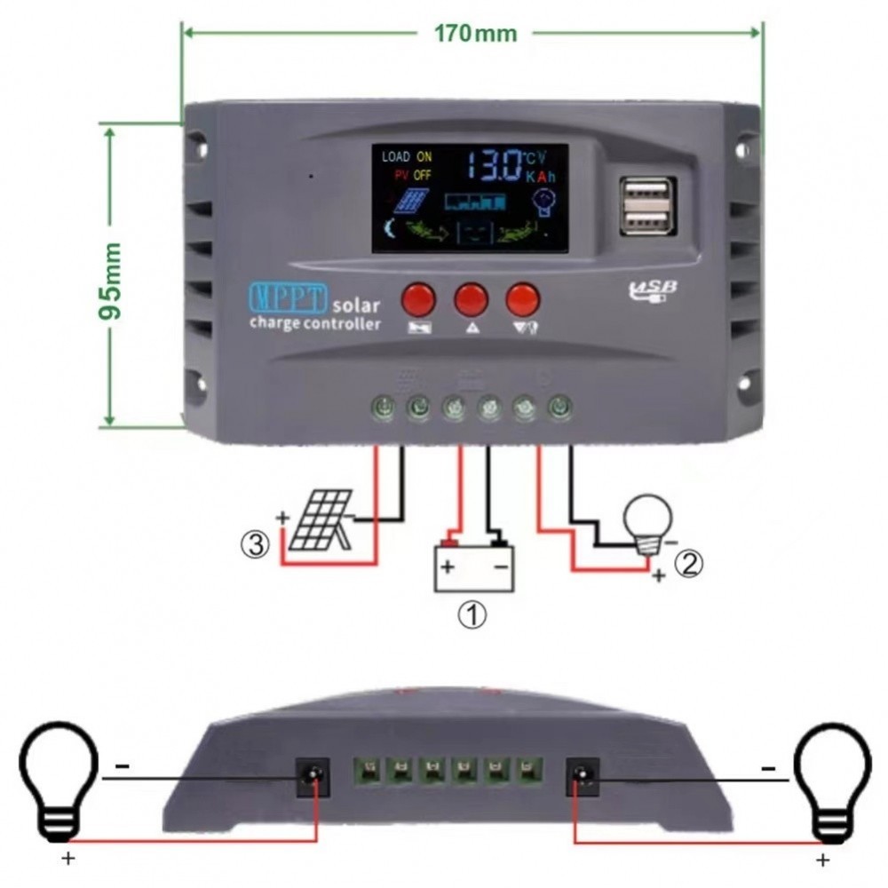 Mppt太陽能充電控制器12v24v穩壓器彩屏雙usb太陽能電池板