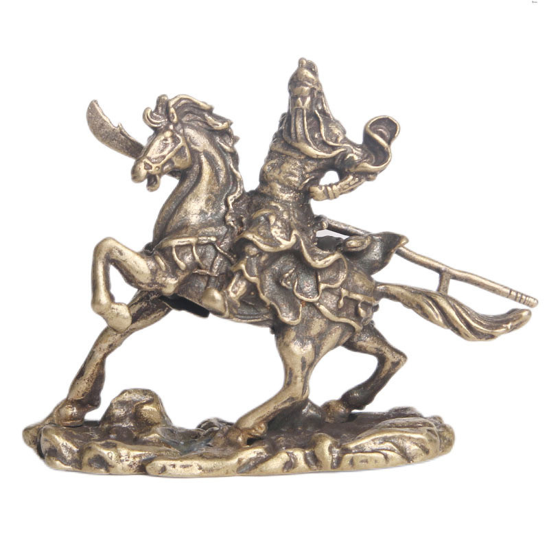 Yueying 2024 做舊純黃銅騎馬關羽桌面擺件武聖關公招財擺飾文玩茶寵老銅器