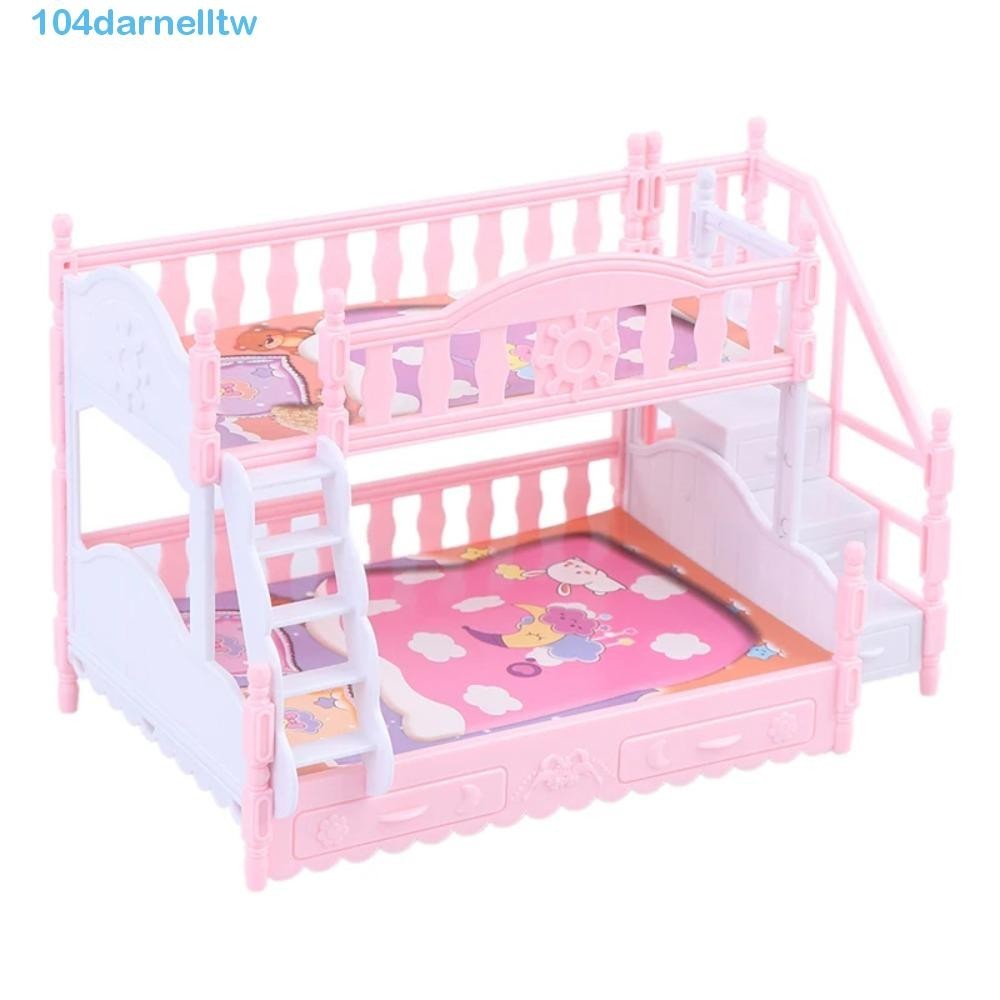 DARNELLTW娃娃屋雙人床,樓梯雙層床仿真娃娃雙人床,娃娃配件塑料粉色BJD娃娃公主雙人床
