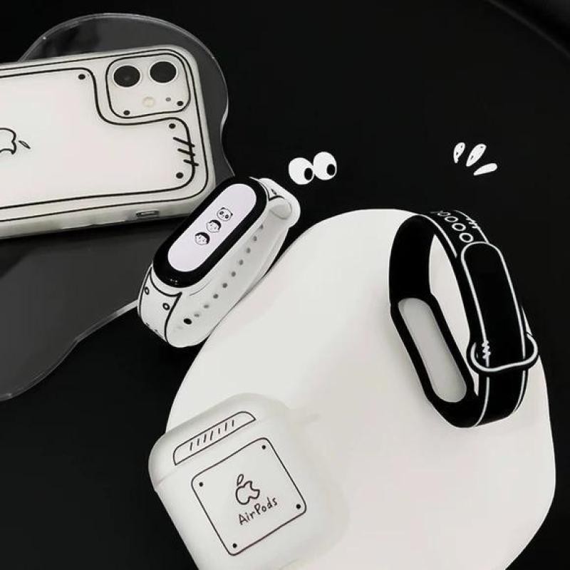 適用小米手環6腕帶簡筆畫7/5/4/3錶帶NFC版替換可愛卡通創意ins風Suitable for Xiaomi Bra