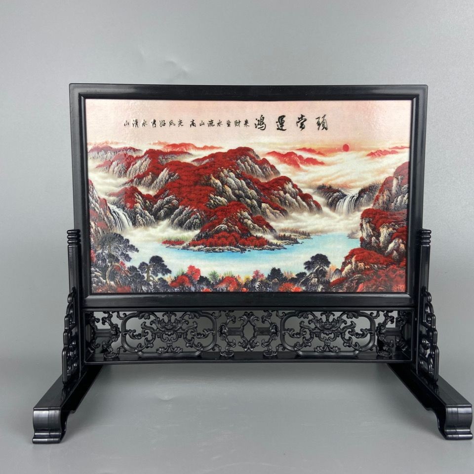 中國風特色漆器工藝品瓷板畫插屏中式仿古小屏風桌面裝飾擺件桌屏