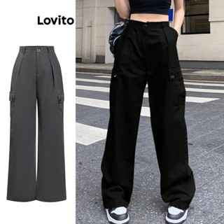 Lovito 女士休閒素色口袋褲 L74ED087 (黑色)