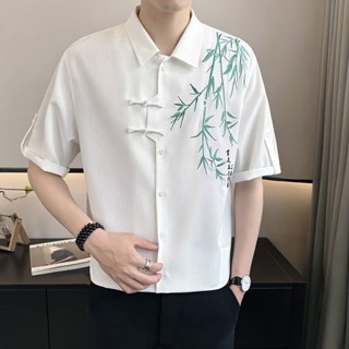 新中式短袖襯衫黑/白M-4XL 中國風刺繡襯衫男 2024新款新中式男裝 夏季冰絲盤扣七分袖襯衫