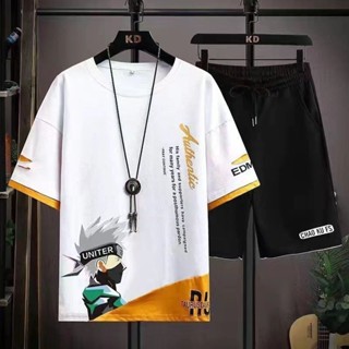套裝男夏季短袖休閒運動韓版寬鬆青少年初高中學生T恤大尺碼兩件套爆款