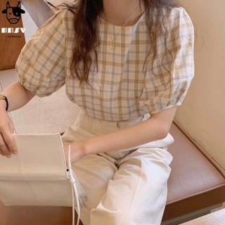 牛奶少女[氣質出眾]韓國chic夏天覆古法式小眾格子泡泡袖上衣寬鬆百搭休閒短袖襯衫女現貨